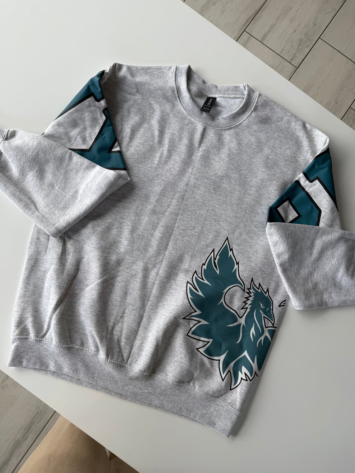 Custom Back Print Varsity Crewneck Sweatshirt, Personalized Team Name Mascot Game Day Spirit Pullover