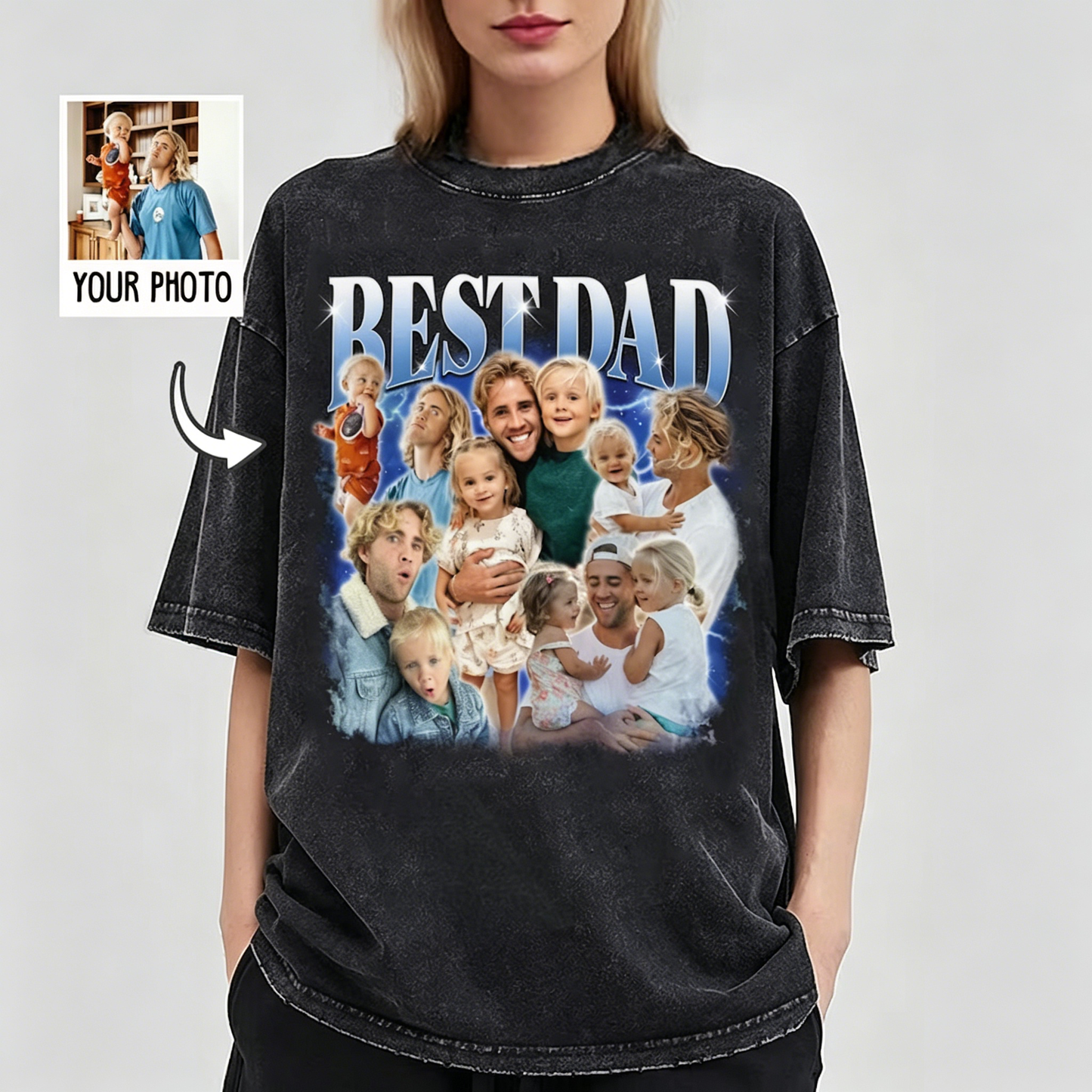 Custom Photo Best Dad Ever T-Shirt - Personalized Vintage Lightning Tee for Father's Day