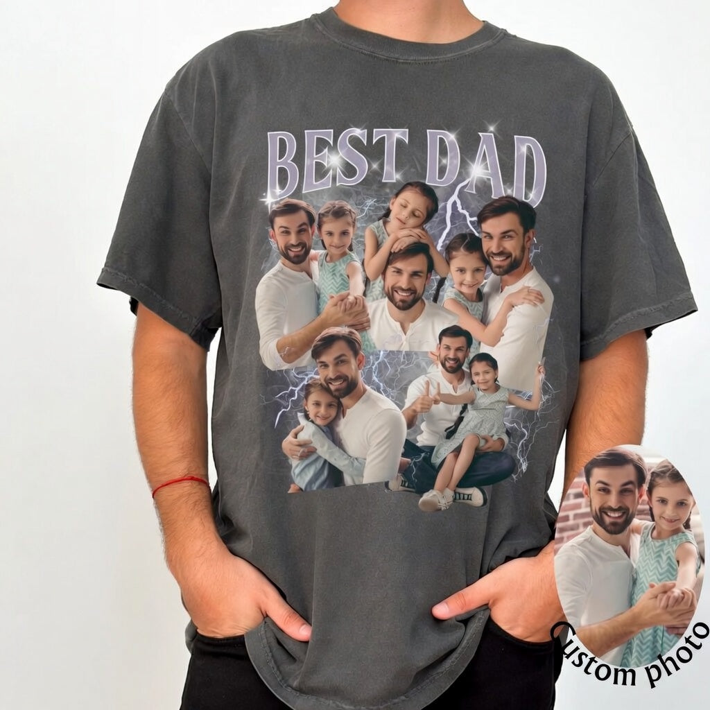 Custom Photo Best Dad Ever T-Shirt - Personalized Vintage Lightning Tee for Father's Day